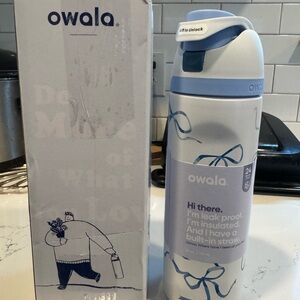 Owala Blue and White Bow Insulated Water Bottle